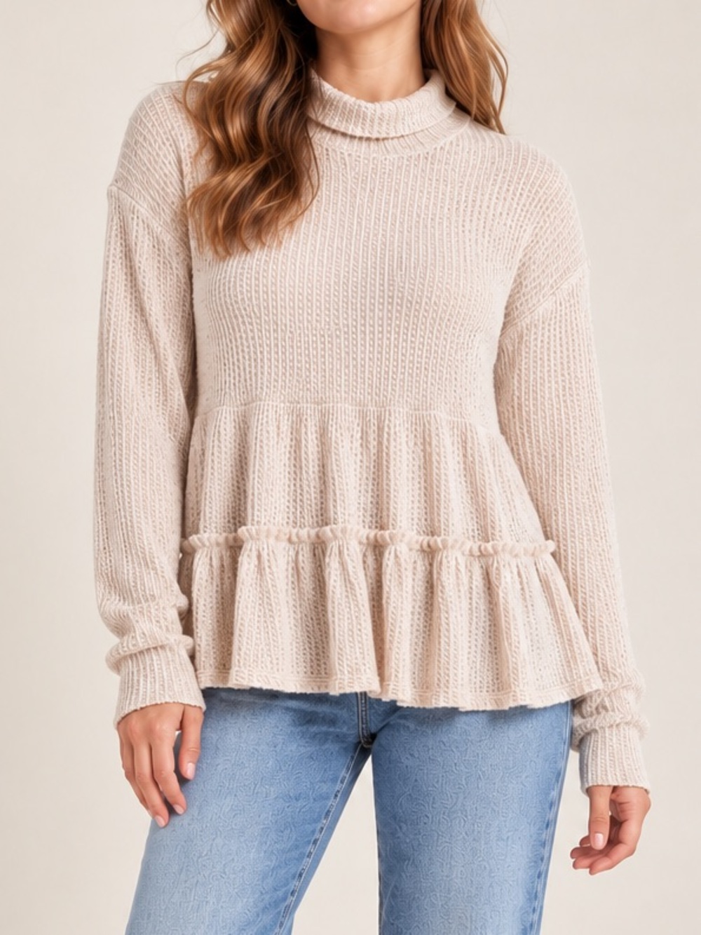 Anthropologie eri + ali Waffle Knit Ruffle Raw Hem Long Sleeve Top